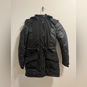 Garage black and faux leather winter jacket with fur hood. Size S